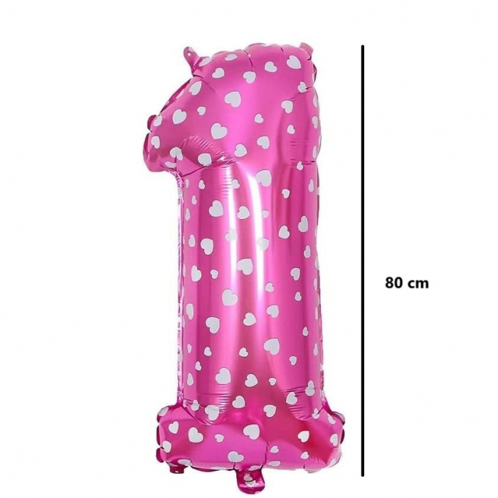 Balon din Folie Metalizata Flippy, Figurina Cifra, Imprimeu Inimi, Tema Aniversare 80 cm, Ambalaj Individual, Pai inclus, Umflare cu Aer sau Heliu, Roz, Cifra 1 [2]