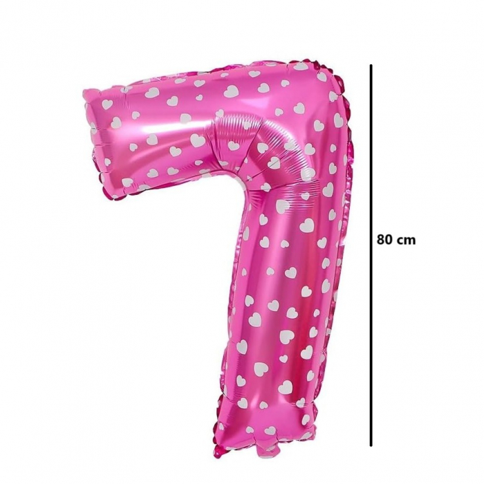 Balon din Folie Metalizata Flippy, Figurina Cifra, Imprimeu Inimi, Tema Aniversare 80 cm, Ambalaj Individual, Pai inclus, Umflare cu Aer sau Heliu, Roz, Cifra 7 [2]