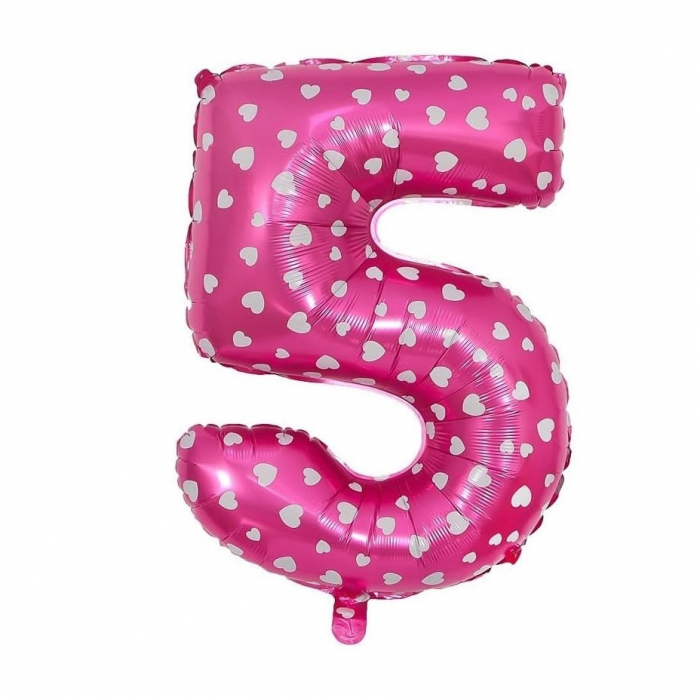 Balon din Folie Metalizata Flippy, Figurina Cifra, Imprimeu Inimi, Tema Aniversare 80 cm, Ambalaj Individual, Pai inclus, Umflare cu Aer sau Heliu, Roz, Cifra 5 [1]