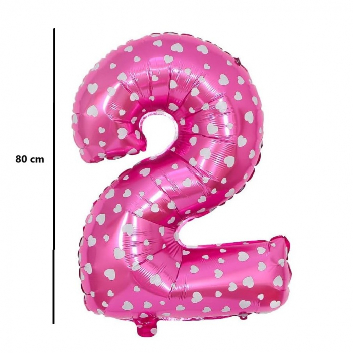 Balon din Folie Metalizata Flippy, Figurina Cifra, Imprimeu Inimi, Tema Aniversare 80 cm, Ambalaj Individual, Pai inclus, Umflare cu Aer sau Heliu, Roz, Cifra 2 [3]