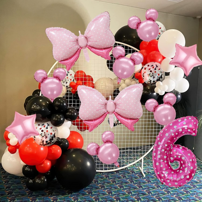 Balon din Folie Metalizata Flippy, Figurina Cifra, Imprimeu Inimi, Tema Aniversare 80 cm, Ambalaj Individual, Pai inclus, Umflare cu Aer sau Heliu, Roz, Cifra 6 [4]