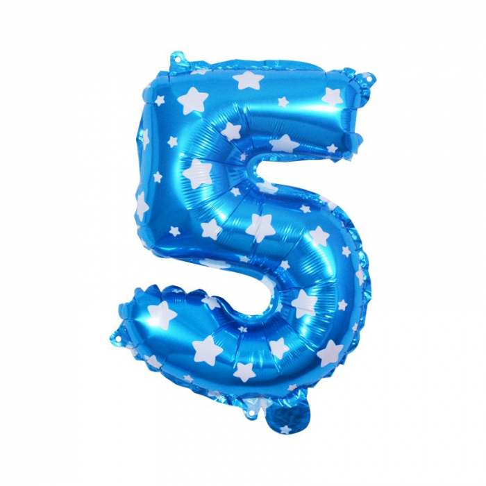 Balon din Folie Metalizata Flippy, Figurina Cifra, Imprimeu Stele, Tema Aniversare 80 cm, Ambalaj Individual, Pai inclus, Umflare cu Aer sau Heliu, Albastru, Cifra 5 [1]