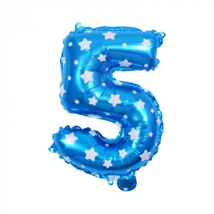 Balon din Folie Metalizata Flippy, Figurina Cifra, Imprimeu Stele, Tema Aniversare 80 cm, Ambalaj Individual, Pai inclus, Umflare cu Aer sau Heliu, Albastru, Cifra 5 [2]