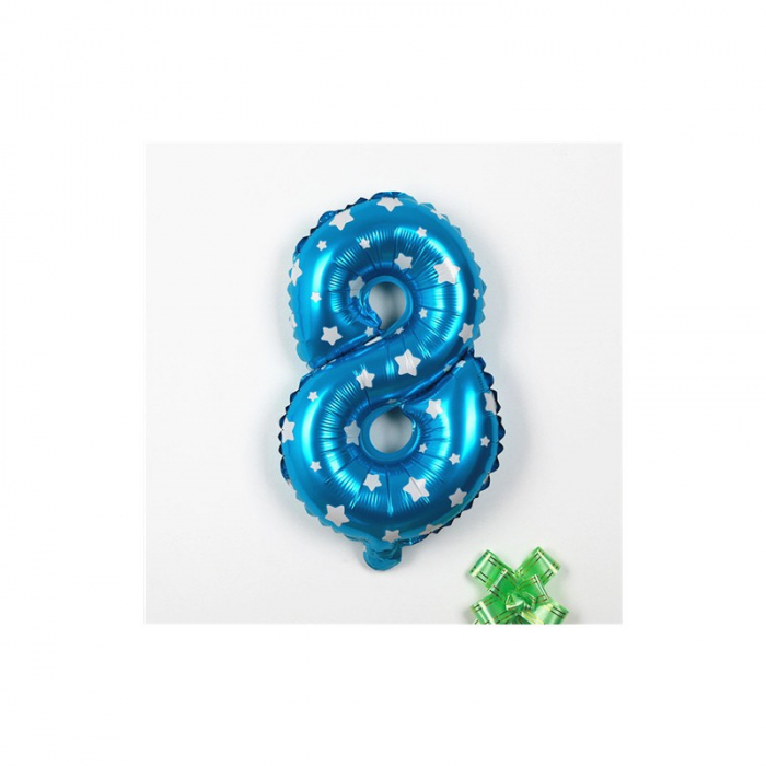 Balon din Folie Metalizata Flippy, Figurina Cifra, Imprimeu Stele, Tema Aniversare 80 cm, Ambalaj Individual, Pai inclus, Umflare cu Aer sau Heliu, Albastru, Cifra 8 [3]