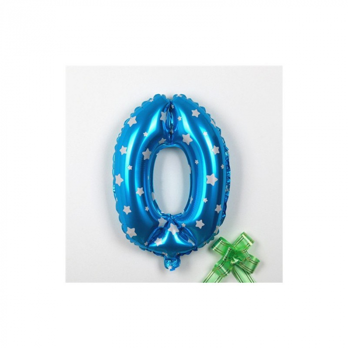 Balon din Folie Metalizata Flippy, Figurina Cifra, Imprimeu Stele, Tema Aniversare 80 cm, Ambalaj Individual, Pai inclus, Umflare cu Aer sau Heliu, Albastru, Cifra 0 [2]