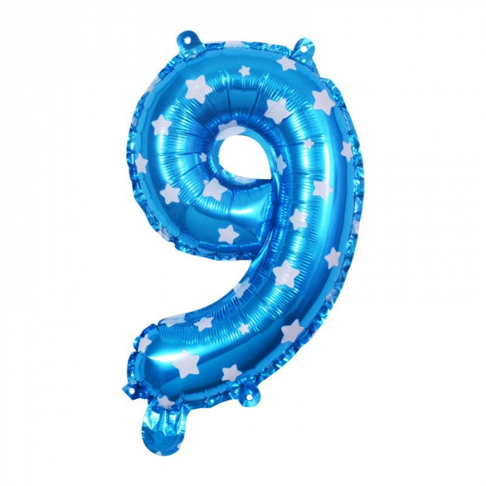Balon din Folie Metalizata Flippy, Figurina Cifra, Imprimeu Stele, Tema Aniversare 80 cm, Ambalaj Individual, Pai inclus, Umflare cu Aer sau Heliu, Albastru, Cifra 9 [2]