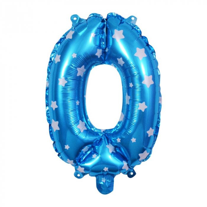 Balon din Folie Metalizata Flippy, Figurina Cifra, Imprimeu Stele, Tema Aniversare 80 cm, Ambalaj Individual, Pai inclus, Umflare cu Aer sau Heliu, Albastru, Cifra 0 [1]