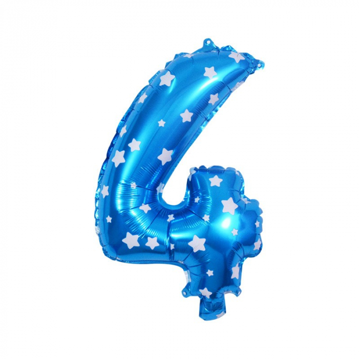 Balon din Folie Metalizata Flippy, Figurina Cifra, Imprimeu Stele, Tema Aniversare 80 cm, Ambalaj Individual, Pai inclus, Umflare cu Aer sau Heliu, Albastru, Cifra 4 [1]