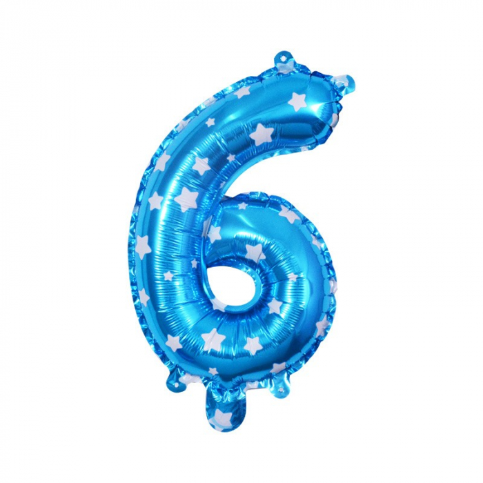 Balon din Folie Metalizata Flippy, Figurina Cifra, Imprimeu Stele, Tema Aniversare 80 cm, Ambalaj Individual, Pai inclus, Umflare cu Aer sau Heliu, Albastru, Cifra 6 [1]