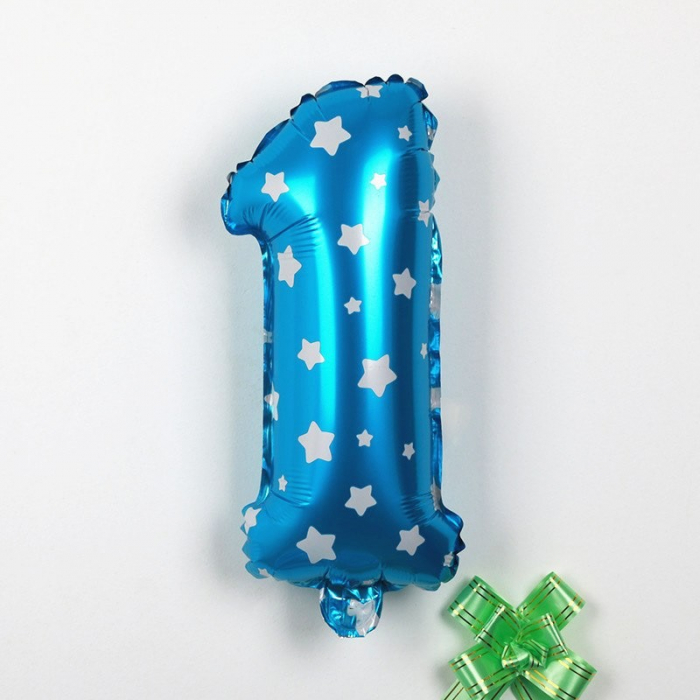 Balon din Folie Metalizata Flippy, Figurina Cifra, Imprimeu Stele, Tema Aniversare 80 cm, Ambalaj Individual, Pai inclus, Umflare cu Aer sau Heliu, Albastru, Cifra 1 [2]
