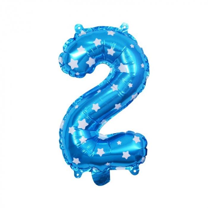Balon din Folie Metalizata Flippy, Figurina Cifra, Imprimeu Stele, Tema Aniversare 80 cm, Ambalaj Individual, Pai inclus, Umflare cu Aer sau Heliu, Albastru, Cifra 2 [2]