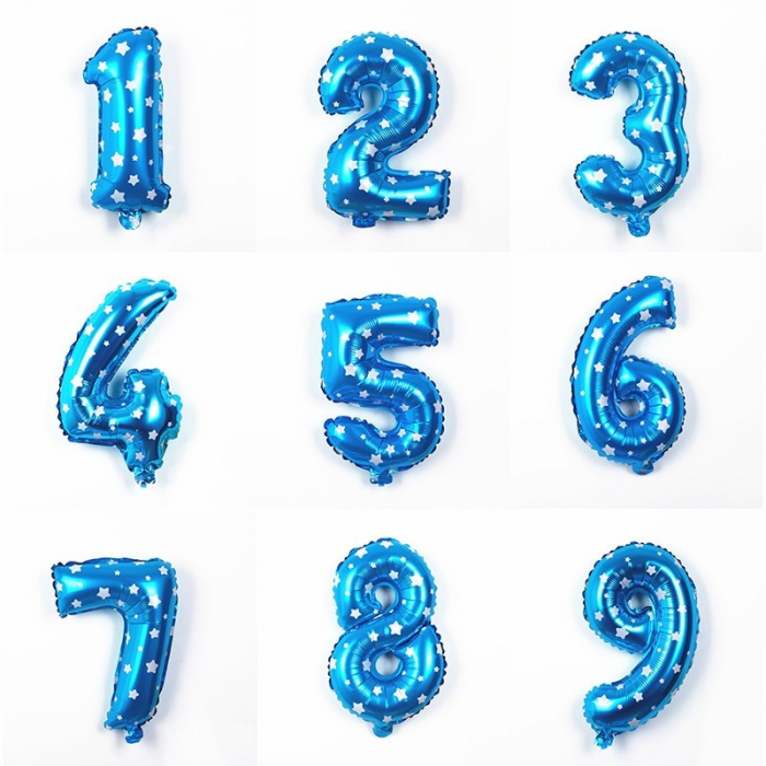 Balon din Folie Metalizata Flippy, Figurina Cifra, Imprimeu Stele, Tema Aniversare 80 cm, Ambalaj Individual, Pai inclus, Umflare cu Aer sau Heliu, Albastru, Cifra 4 [2]