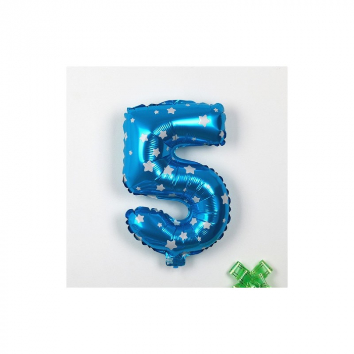 Balon din Folie Metalizata Flippy, Figurina Cifra, Imprimeu Stele, Tema Aniversare 80 cm, Ambalaj Individual, Pai inclus, Umflare cu Aer sau Heliu, Albastru, Cifra 5 [3]