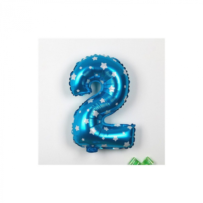 Balon din Folie Metalizata Flippy, Figurina Cifra, Imprimeu Stele, Tema Aniversare 80 cm, Ambalaj Individual, Pai inclus, Umflare cu Aer sau Heliu, Albastru, Cifra 2 [3]