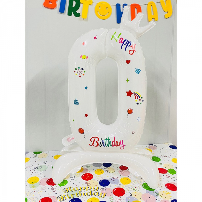Balon din Folie Metalizata, Flippy, Figurina Cifra, Model 0 cu Happy Birthday Scris, Tema Aniversare 81 cm, Ambalaj Individual, Pai Inclus, Umflare cu Aer sau Heliu, Alb [1]