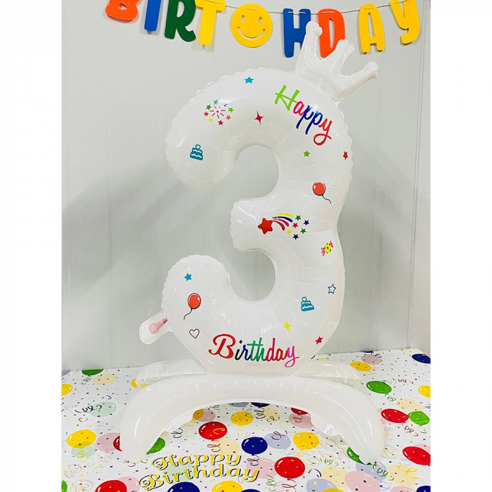 Balon din Folie Metalizata, Flippy, Figurina Cifra, Model 3 cu Happy Birthday Scris, Tema Aniversare 81 cm, Ambalaj Individual, Pai Inclus, Umflare cu Aer sau Heliu, Alb [1]