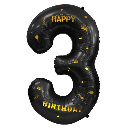 Balon din Folie Metalizata Flippy, Figurina Cifra, Scris Happy Birthday, Tema Aniversare 100 cm, Ambalaj Individual, Pai inclus, Umflare cu Aer sau Heliu, Negru, Cifra 3 [3]