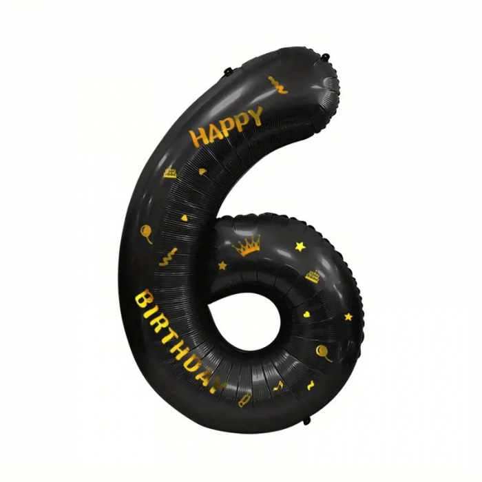 Balon din Folie Metalizata Flippy, Figurina Cifra, Scris Happy Birthday, Tema Aniversare 100 cm, Ambalaj Individual, Pai inclus, Umflare cu Aer sau Heliu, Negru, Cifra 6 [1]