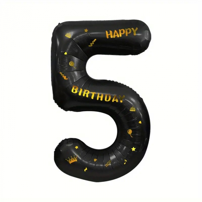 Balon din Folie Metalizata Flippy, Figurina Cifra, Scris Happy Birthday, Tema Aniversare 100 cm, Ambalaj Individual, Pai inclus, Umflare cu Aer sau Heliu, Negru, Cifra 5 [1]