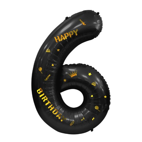 Balon din Folie Metalizata Flippy, Figurina Cifra, Scris Happy Birthday, Tema Aniversare 100 cm, Ambalaj Individual, Pai inclus, Umflare cu Aer sau Heliu, Negru, Cifra 6 [4]