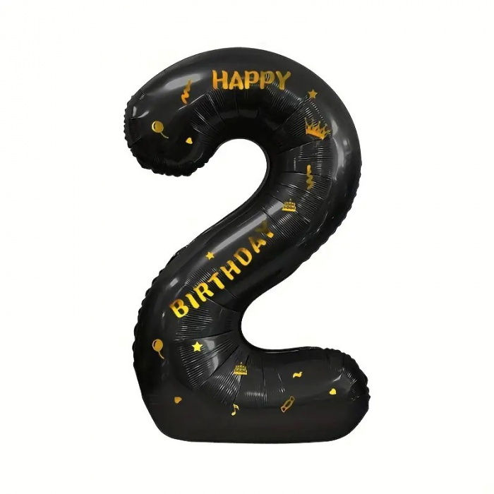 Balon din Folie Metalizata Flippy, Figurina Cifra, Scris Happy Birthday, Tema Aniversare 100 cm, Ambalaj Individual, Pai inclus, Umflare cu Aer sau Heliu, Negru, Cifra 2 [1]