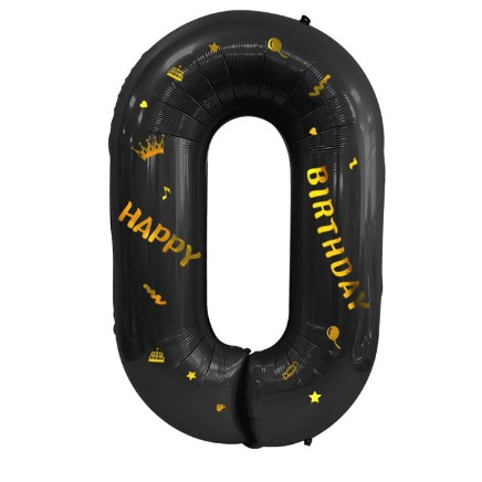 Balon din Folie Metalizata Flippy, Figurina Cifra, Scris Happy Birthday, Tema Aniversare 100 cm, Ambalaj Individual, Pai inclus, Umflare cu Aer sau Heliu, Negru, Cifra 0 [5]