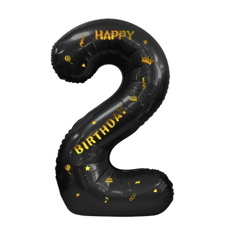 Balon din Folie Metalizata Flippy, Figurina Cifra, Scris Happy Birthday, Tema Aniversare 100 cm, Ambalaj Individual, Pai inclus, Umflare cu Aer sau Heliu, Negru, Cifra 2 [4]