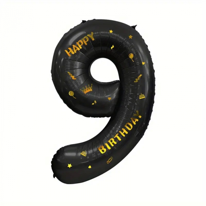 Balon din Folie Metalizata Flippy, Figurina Cifra, Scris Happy Birthday, Tema Aniversare 100 cm, Ambalaj Individual, Pai inclus, Umflare cu Aer sau Heliu, Negru, Cifra 9 [1]