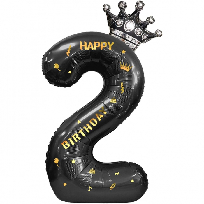 Balon din Folie Metalizata Flippy, Figurina Cifra si Coroana, Scris Happy Birthday, Tema Aniversare 100 cm, Ambalaj Individual, Pai inclus, Umflare cu Aer sau Heliu, Negru, Cifra 2 [1]