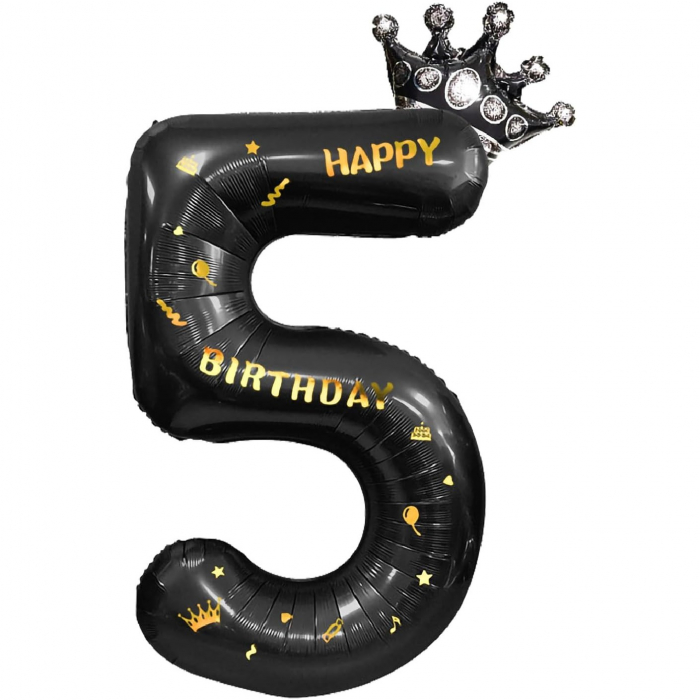 Balon din Folie Metalizata Flippy, Figurina Cifra si Coroana, Scris Happy Birthday, Tema Aniversare 100 cm, Ambalaj Individual, Pai inclus, Umflare cu Aer sau Heliu, Negru, Cifra 5 [1]