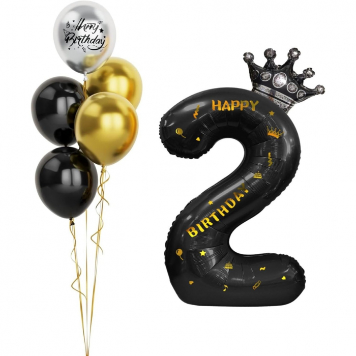 Balon din Folie Metalizata Flippy, Figurina Cifra si Coroana, Scris Happy Birthday, Tema Aniversare 100 cm, Ambalaj Individual, Pai inclus, Umflare cu Aer sau Heliu, Negru, Cifra 2 [3]