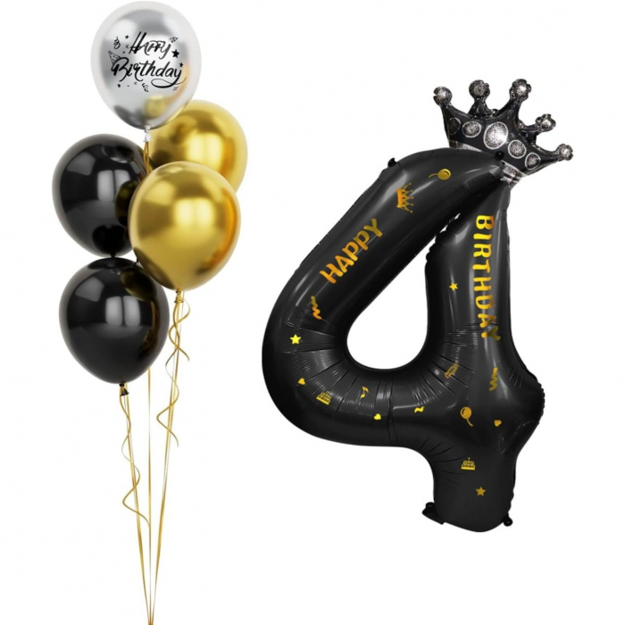 Balon din Folie Metalizata Flippy, Figurina Cifra si Coroana, Scris Happy Birthday, Tema Aniversare 100 cm, Ambalaj Individual, Pai inclus, Umflare cu Aer sau Heliu, Negru, Cifra 4 [3]