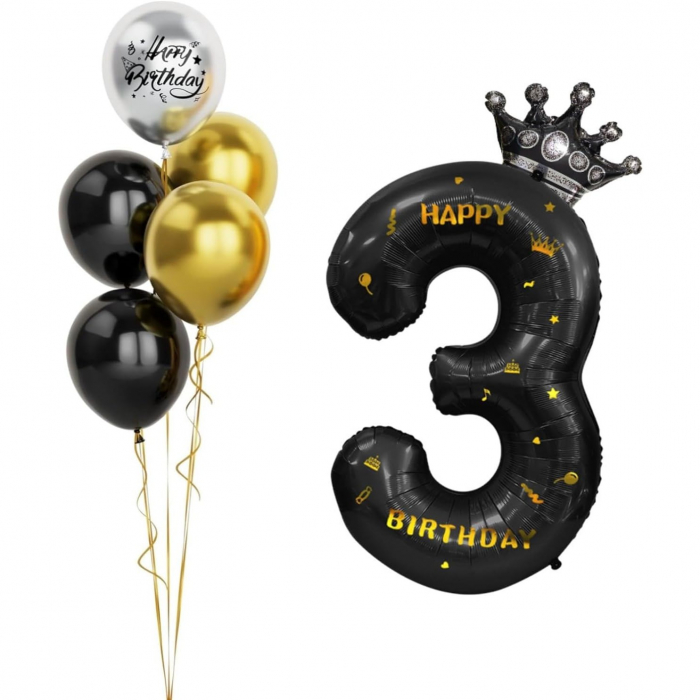 Balon din Folie Metalizata Flippy, Figurina Cifra si Coroana, Scris Happy Birthday, Tema Aniversare 100 cm, Ambalaj Individual, Pai inclus, Umflare cu Aer sau Heliu, Negru, Cifra 3 [3]