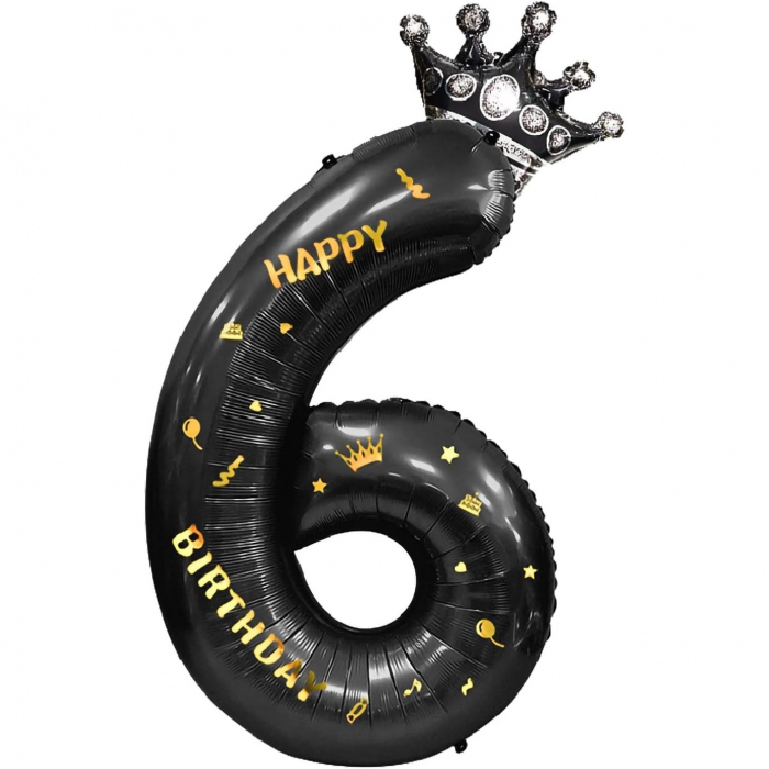 Balon din Folie Metalizata Flippy, Figurina Cifra si Coroana, Scris Happy Birthday, Tema Aniversare 100 cm, Ambalaj Individual, Pai inclus, Umflare cu Aer sau Heliu, Negru, Cifra 6 [1]