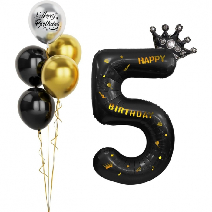 Balon din Folie Metalizata Flippy, Figurina Cifra si Coroana, Scris Happy Birthday, Tema Aniversare 100 cm, Ambalaj Individual, Pai inclus, Umflare cu Aer sau Heliu, Negru, Cifra 5 [3]