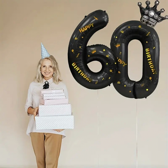 Balon din Folie Metalizata Flippy, Figurina Cifra si Coroana, Scris Happy Birthday, Tema Aniversare 100 cm, Ambalaj Individual, Pai inclus, Umflare cu Aer sau Heliu, Negru, Cifra 0 [5]