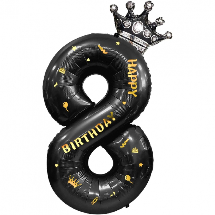 Balon din Folie Metalizata Flippy, Figurina Cifra si Coroana, Scris Happy Birthday, Tema Aniversare 100 cm, Ambalaj Individual, Pai inclus, Umflare cu Aer sau Heliu, Negru, Cifra 8 [1]