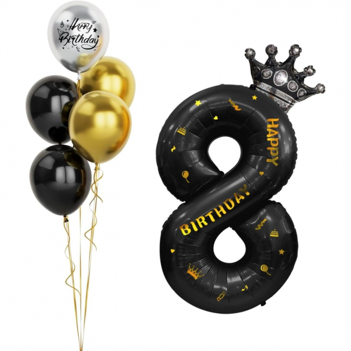 Balon din Folie Metalizata Flippy, Figurina Cifra si Coroana, Scris Happy Birthday, Tema Aniversare 100 cm, Ambalaj Individual, Pai inclus, Umflare cu Aer sau Heliu, Negru, Cifra 8 [3]