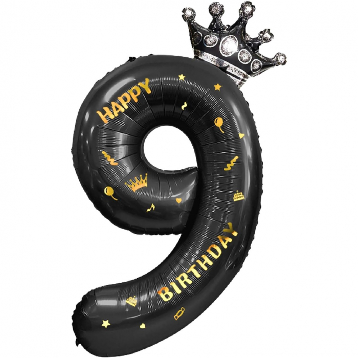 Balon din Folie Metalizata Flippy, Figurina Cifra si Coroana, Scris Happy Birthday, Tema Aniversare 100 cm, Ambalaj Individual, Pai inclus, Umflare cu Aer sau Heliu, Negru, Cifra 9 [1]