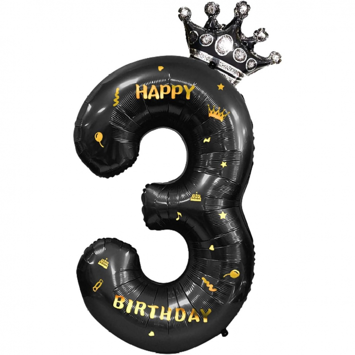 Balon din Folie Metalizata Flippy, Figurina Cifra si Coroana, Scris Happy Birthday, Tema Aniversare 100 cm, Ambalaj Individual, Pai inclus, Umflare cu Aer sau Heliu, Negru, Cifra 3 [1]