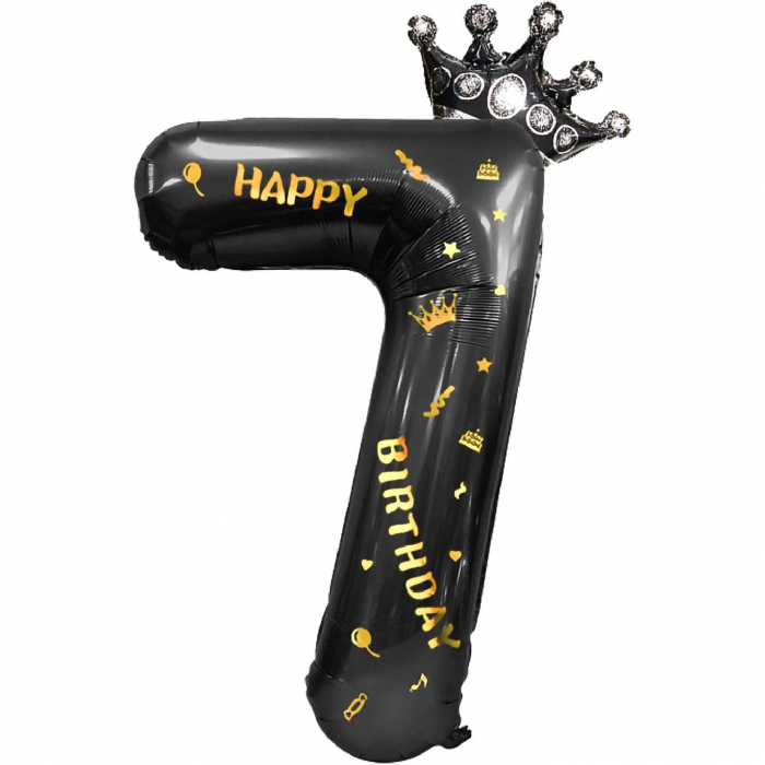 Balon din Folie Metalizata Flippy, Figurina Cifra si Coroana, Scris Happy Birthday, Tema Aniversare 100 cm, Ambalaj Individual, Pai inclus, Umflare cu Aer sau Heliu, Negru, Cifra 7 [1]