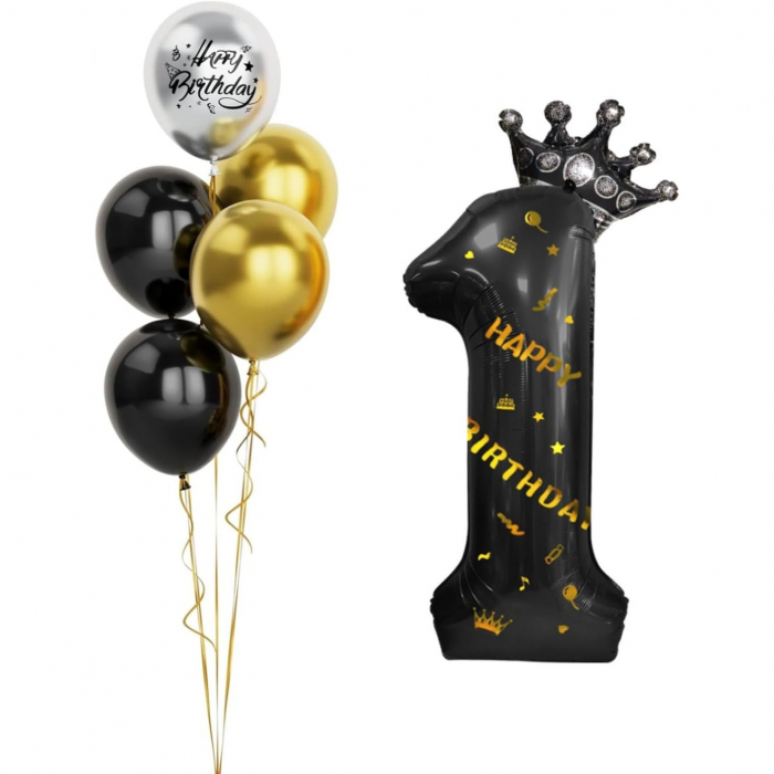 Balon din Folie Metalizata Flippy, Figurina Cifra si Coroana, Scris Happy Birthday, Tema Aniversare 100 cm, Ambalaj Individual, Pai inclus, Umflare cu Aer sau Heliu, Negru, Cifra 1 [3]