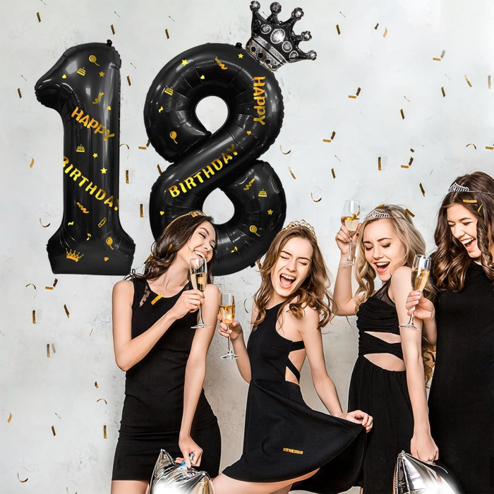 Balon din Folie Metalizata Flippy, Figurina Cifra si Coroana, Scris Happy Birthday, Tema Aniversare 100 cm, Ambalaj Individual, Pai inclus, Umflare cu Aer sau Heliu, Negru, Cifra 1 [8]