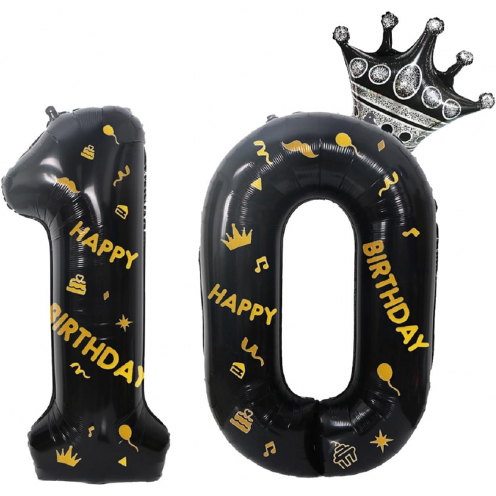 Balon din Folie Metalizata Flippy, Figurina Cifra si Coroana, Scris Happy Birthday, Tema Aniversare 100 cm, Ambalaj Individual, Pai inclus, Umflare cu Aer sau Heliu, Negru, Cifra 0 [3]