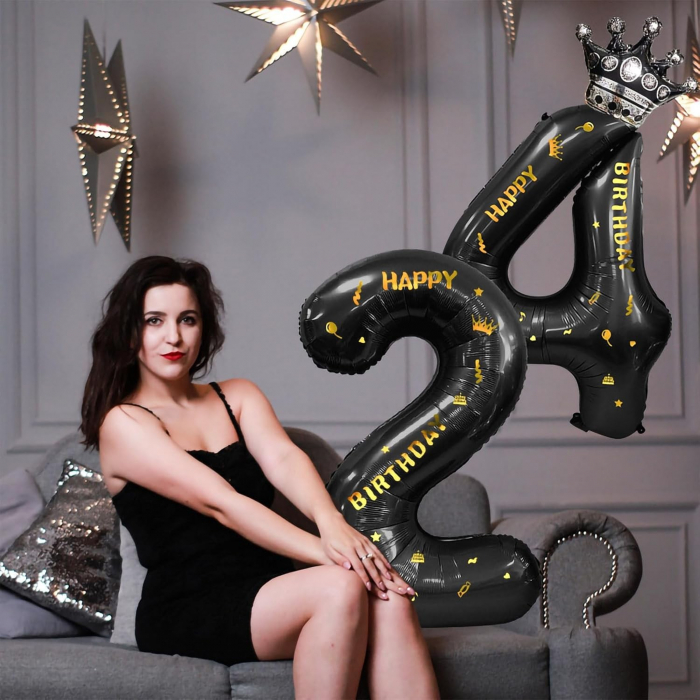 Balon din Folie Metalizata Flippy, Figurina Cifra si Coroana, Scris Happy Birthday, Tema Aniversare 100 cm, Ambalaj Individual, Pai inclus, Umflare cu Aer sau Heliu, Negru, Cifra 4 [8]
