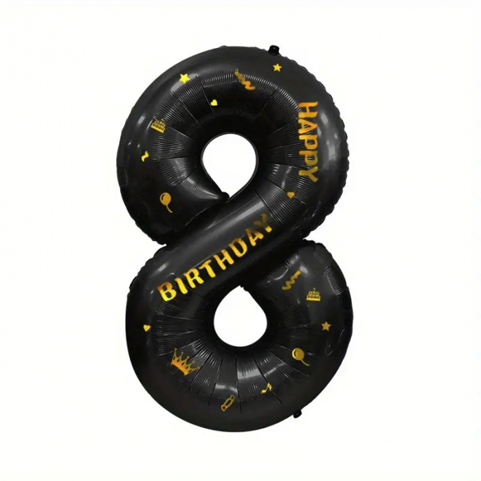 Balon din Folie Metalizata Flippy, Figurina Cifra si Coroana, Scris Happy Birthday, Tema Aniversare 100 cm, Ambalaj Individual, Pai inclus, Umflare cu Aer sau Heliu, Negru, Cifra 8 [5]