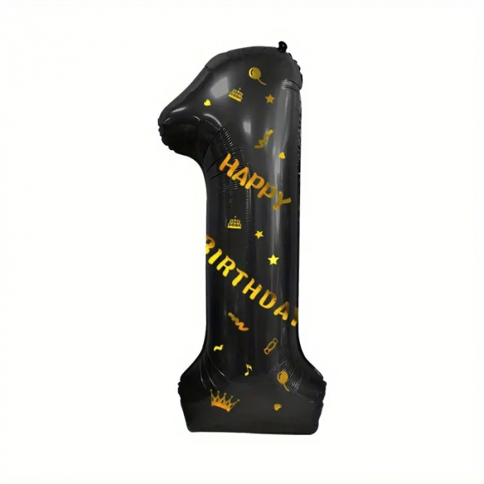 Balon din Folie Metalizata Flippy, Figurina Cifra si Coroana, Scris Happy Birthday, Tema Aniversare 100 cm, Ambalaj Individual, Pai inclus, Umflare cu Aer sau Heliu, Negru, Cifra 1 [6]