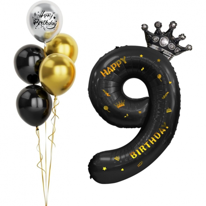 Balon din Folie Metalizata Flippy, Figurina Cifra si Coroana, Scris Happy Birthday, Tema Aniversare 100 cm, Ambalaj Individual, Pai inclus, Umflare cu Aer sau Heliu, Negru, Cifra 9 [3]