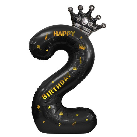 Balon din Folie Metalizata Flippy, Figurina Cifra si Coroana, Scris Happy Birthday, Tema Aniversare 100 cm, Ambalaj Individual, Pai inclus, Umflare cu Aer sau Heliu, Negru, Cifra 2 [7]
