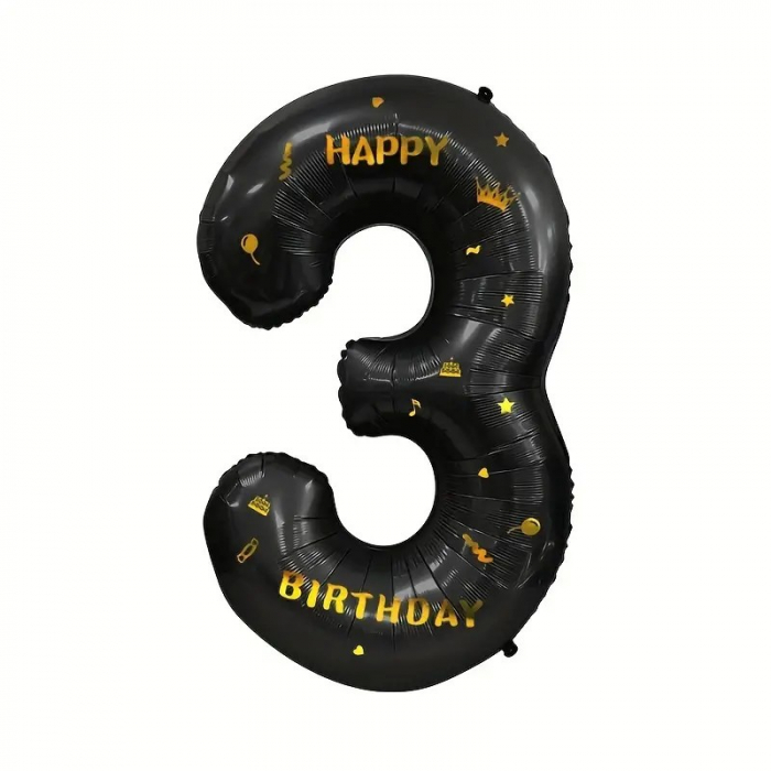 Balon din Folie Metalizata Flippy, Figurina Cifra si Coroana, Scris Happy Birthday, Tema Aniversare 100 cm, Ambalaj Individual, Pai inclus, Umflare cu Aer sau Heliu, Negru, Cifra 3 [5]